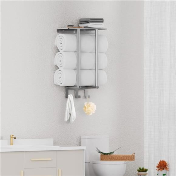 Towel Racks for Bathroom Wall Mounted,  Towel Rack with Shelf & 3 Hooks - Picture 2 of 7